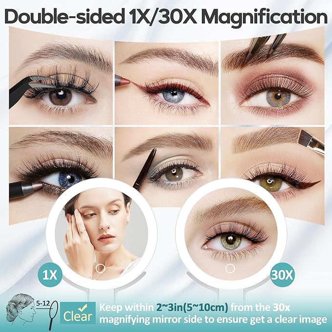 B Beauty Planet 30x/1x Magnifying Travel Mirror with Light, Double-Sided Rechargeable Adjustable Brightness 3 Colour Lighting, Folding, Handheld/Hangable/Tabletop, 3 Ways Using Mirror, White