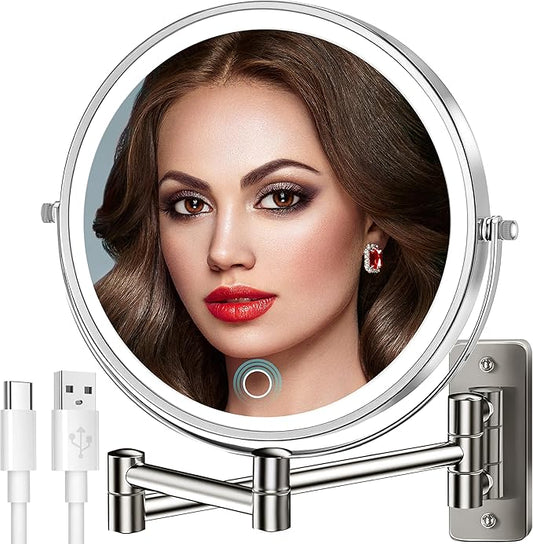 9" Large 15X Rechargeable Wall Mounted Lighted Makeup Mirror Nickel, 5000mAh HD Magnifying Mirror with 3 Color Bright Lights Touch Screen Dimmable, 17" Extendable 360° Swivel Bathroom Vanity Mirror