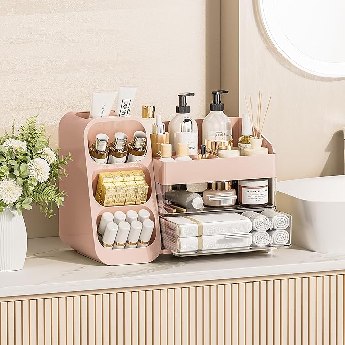 Delamu Makeup Organizer with Drawers for Vanity, Spacious Cosmetic Display Case with Makeup Brush Holder, Perfect Vanity Bathroom Organizer and Storage Solution for Skincare & Beauty Essentials, Pink