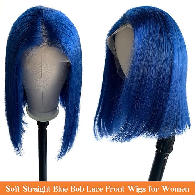 13x4 HD Transparent Blue Bob Wig Human Hair Lace Front Wigs 8 Inch Pre Plucked with Baby Hair 180% Density Blue Human Hair Bob Wig Free Part Colored Bob Frontal Wigs for Women