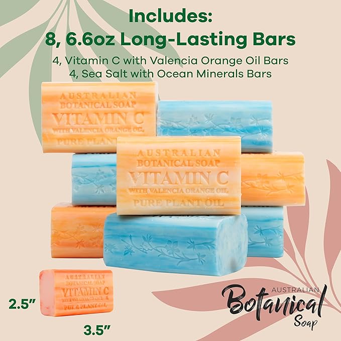 Australian Botanical Soap Variety Pack Includes 4 Valencia Orange and 4 Sea Salt Soap for Face, Hands and Body, Enriched with Shea Butter, Ocean Minerals and Vitamin C