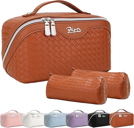 BOYATU Travel Makeup Bags for Women: 3 Pcs Large Make up Bags Set - Vegan Leather Cosmetic Bag for Traveling - Waterproof Toiletry Organizer Wide Open Portable Pouch (L07 Brown)