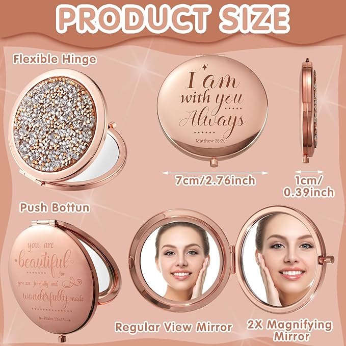Thyle 12 Pcs Christian Compact Mirror Gifts for Women Bible Verse Bulk Hand Makeup Compact Purse Mirror Inspirational Religious Baptism Gift for Teacher Mother's Day Women Nurse(Rose Gold)