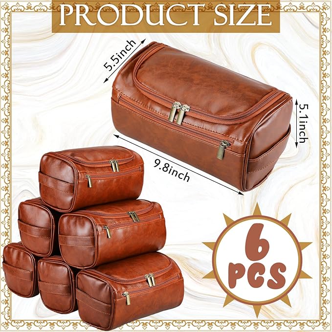 Aliceset 6 Pcs Groomsmen Gift Groomsmen Toiletry Bags Set of 6 Leather Toiletry Bag for Men with Hook Leather Wedding Proposal Bag with Side Handle Father Gift(Brown)