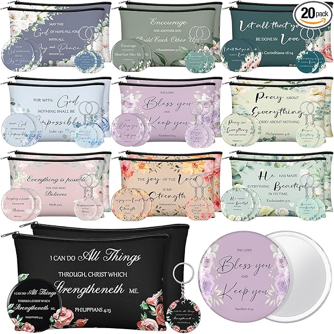 60 Pcs Christian Gifts for Women Religious Gifts Include 20 Canvas Makeup Bags 20 Bible Verse Mini Mirror 20 Inspirational Bible Keychains Church Favors for Women Mother Sister
