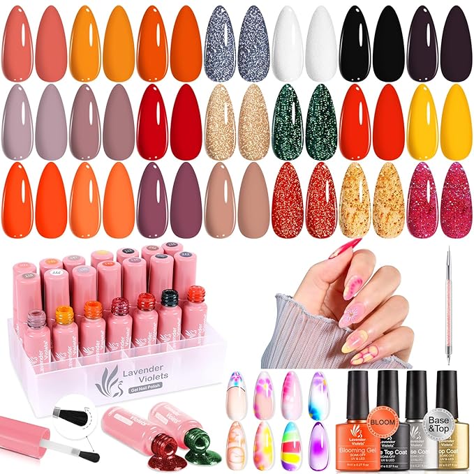 Lavender Violets 26 PCS Blooming Gel Nail Polish Set, 21 Colors Marble Flower Watercolor Solid Glitter Red Brown Green Black with Base Coat Glossy and Matte Top Coat Liner Brush Pen C406
