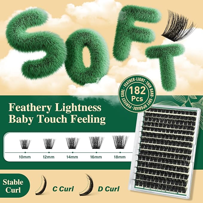 DIY Lash Extension Kit 182pcs Soft Lash Clusters 200D Curl Easy to Apply with Lash Bond and Seal Lash Applicator Lash Remover Eyelash Extension Kit at Home(RMkit-200D-D-10-18mix)