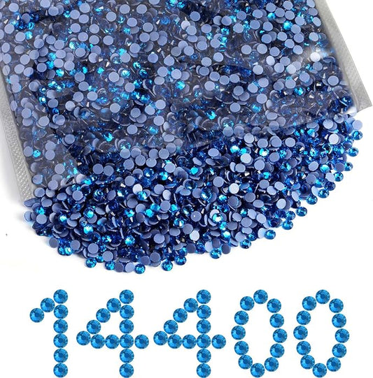Beadsland Hotfix Rhinestones Bulk, 14400PCS Crystal Hot Fix Rhinestones for Crafts Clothes DIY Decoration, Capri Blue, SS10, 2.7-2.9mm