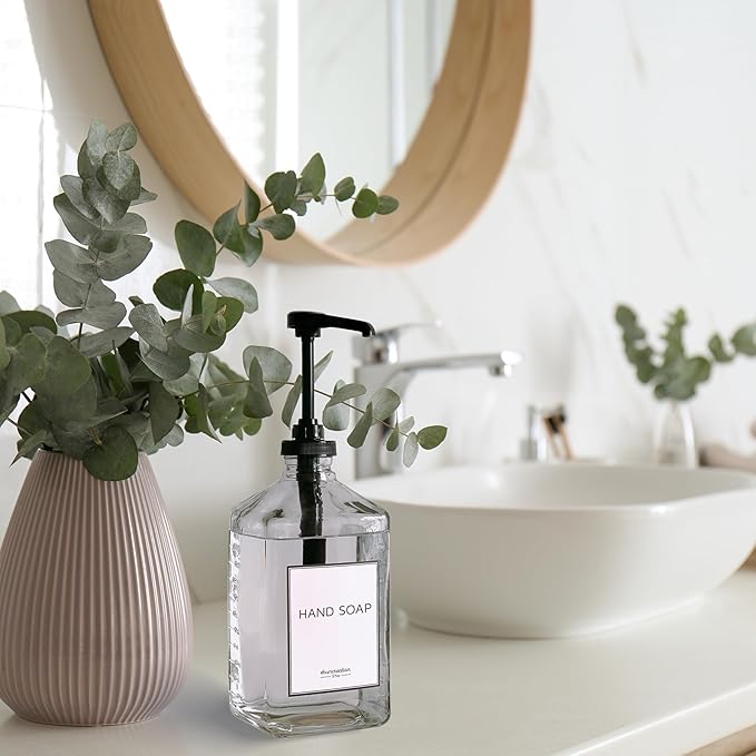 eBun 37oz Glass Mouthwash Dispenser for Bathroom, Mouthwash Dispenser Pump, Mouth Wash Container with Reusable Cup, Mouth Wash Bottle, Countertop Kitchen Sink Dish Liquid Soap Holder Set (Black)