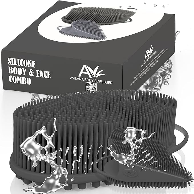 Avilana Body and Face Scrubber Combo – Includes Dual-Sided Body Scrubber and Gentle Face Scrubber – Hygienic, Long-Lasting, and Gentle for Body and Face (Dark Gray with Silver)