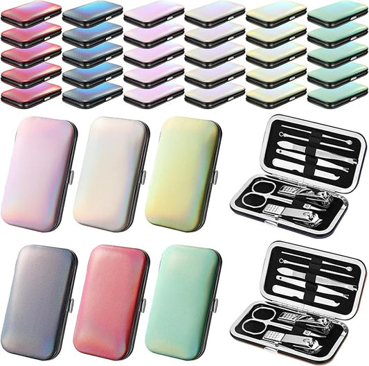 30 Sets Bulk Gifts for Women Manicure Set Bulk Professional Nail Care Kit Nail Clippers Kit 8 in 1 Stainless Steel Pedicure Set with Travel Case for Women Men(Iridescent)