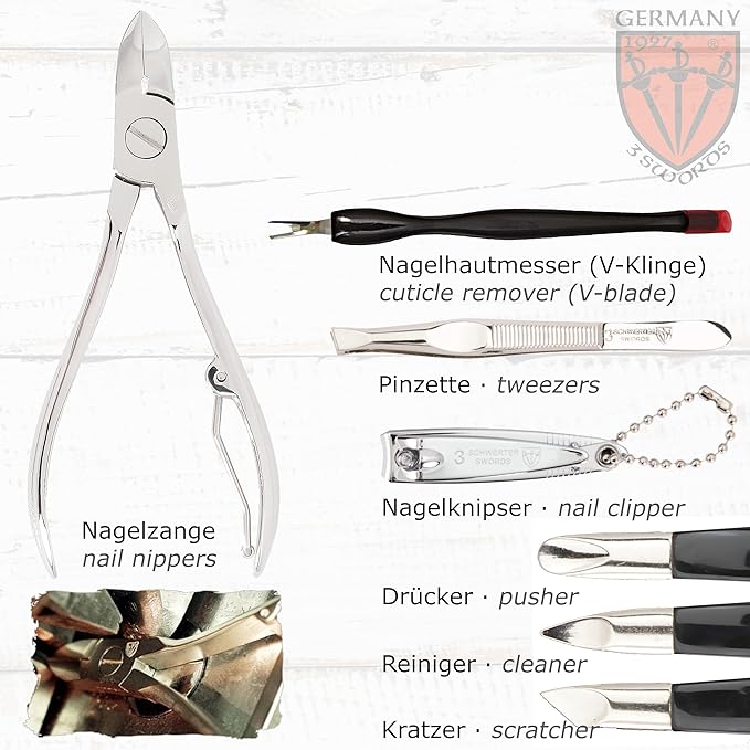 3 Swords Germany - brand quality 9 piece manicure pedicure grooming kit set for professional finger & toe nail care scissors clipper fashion leather case in gift box, Made in Solingen Germany (03584)