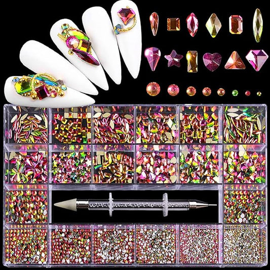 12 Types of Colorful 600 Diamonds + 2500 Flat Rhinestones Mix 20 Styles Flatback DIY Crafts Rhinestone Crystals 3D Decorations Flat Back Stones Set + Rhinestone Picker Wax Pen