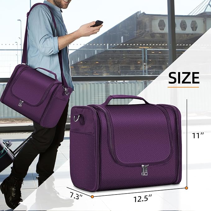 Buruis Extra Large Capacity Toiletry Bag for Women and Men, Hanging Toiletry Organizer Cosmetics Makeup Bag, Water-resistant Dopp Kit for Full Sized Toiletries, Travel Essentials (Purple)