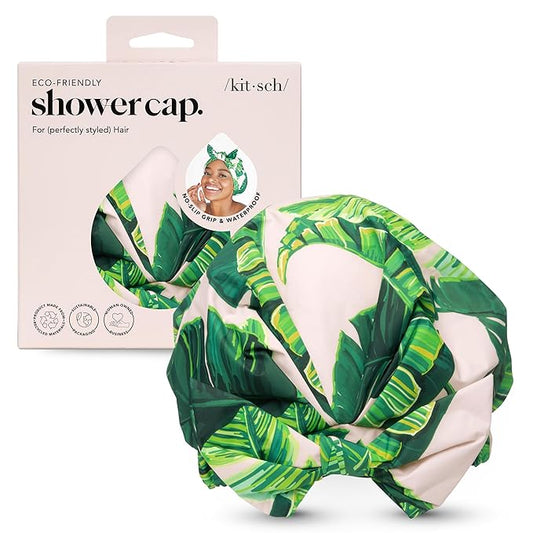 Kitsch Luxury Shower Caps for Women Reusable Waterproof - Large Shower Cap for Women and Men, Non-slip, Quick-dry Hair Cap for Long & Short Hair, Comfortable and Stylish Design - Palm Leaves