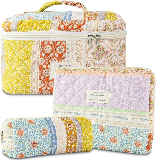3Pcs Makeup Bag Cotton Quilted Travel Cosmetic Bag Cute Floral Makeup Pouch Large Toiletry Bag for Women Girls (Flower stitching)