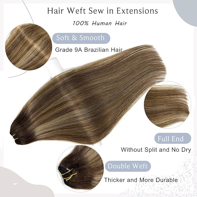 Human Hair Weft Chocolate Brown Balayage Honey Blonde Highlights Hair Extensions Real Human Hair Sew in Weft Extensions 20 Inch 100G Weft Hair Extensions Remy Real Human Hair Bundles Weave Extensions