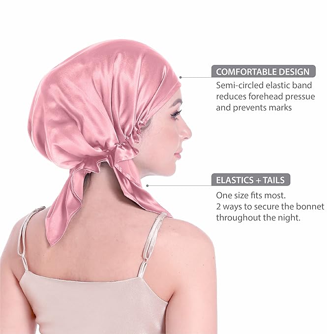 100 percent Silk Bonnet for Sleeping, Hair Bonnet with Tie Band, Large Silk Sleep Cap for Curly Hair, Silk Hair Wrap for Hair Care (Rose Pink), One Size