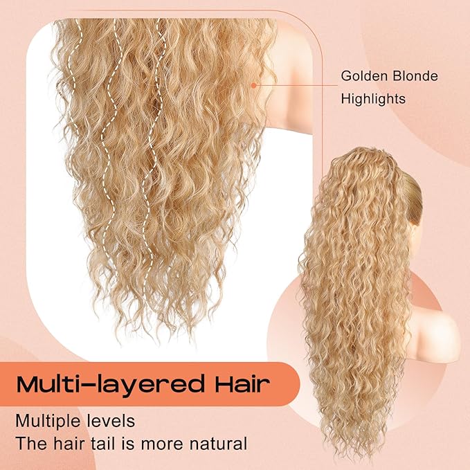 SEIKEA 26" Lightweight Curly Drawstring Ponytail, Long Thick Fake Pony Tail Multi Layered Natural Soft Clip in Hair Extensions with Synthetic Golden Blonde Highlights