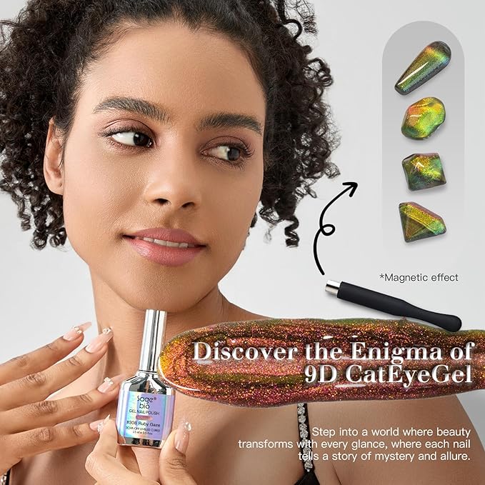 9D Cat Eye Gel Nail Polish Set, 15ml Black + 15ml Ruby Gaze Cat Eye Gel, Includes Silicone Handle Cylinder Magnetic Stick for Mesmerizing 9D Effects