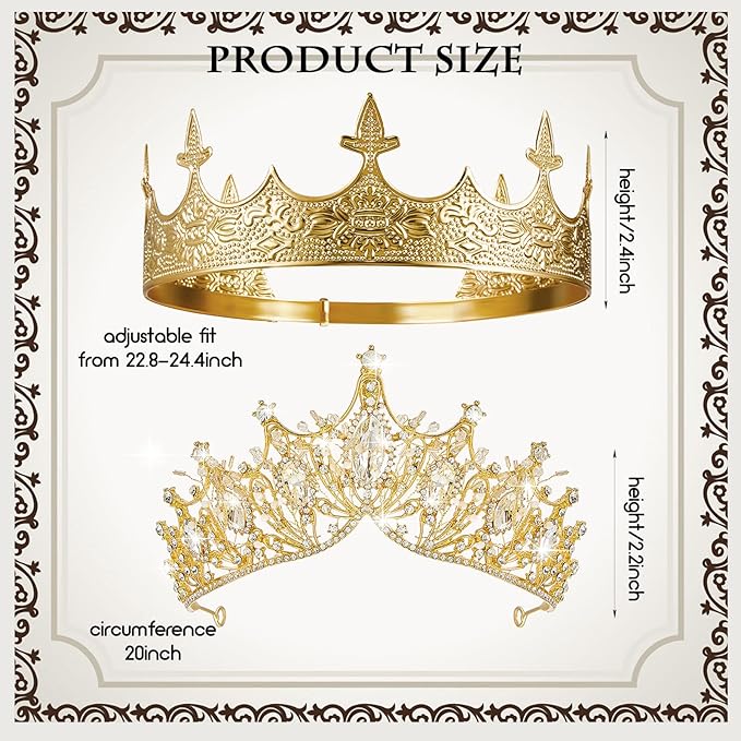 Sureio 2 Pcs Antique Royal King Crown for Men Baroque Queen Crown for 2025 Graduation Prom Party Crystal Tiara Prom Cosplay Birthday Wedding Hair Headband Accessories(Vivid Style)