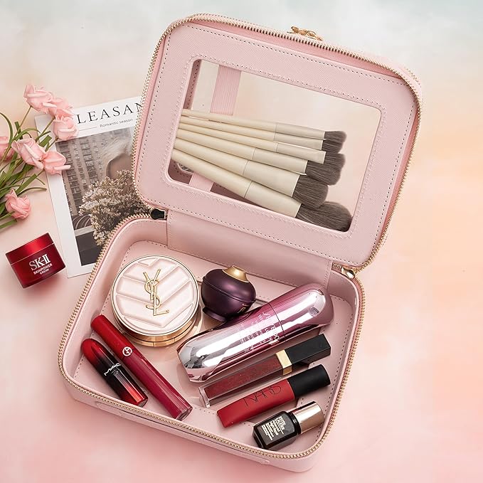 Aveniee Large Clear Makeup Bags, Double Layer Cosmetic Bags with Separate Brush Compartment, Travel Toiletry Bag Cosmetic Train Case, Travel Accessories Organizer for Women(2 Layers, Pink)