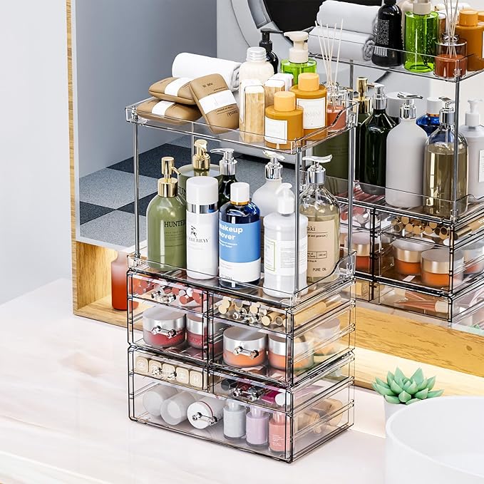 3 Pack Bathroom Organizers and Storage Countertop With 7 Drawers,Stackable Vanity Top Organizer,18.9" Tall Large Capacity Skin Care Organizer and Exquisite Makeup Storage for Beauty Products,Clear