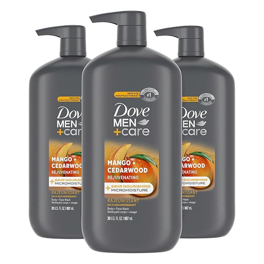 DOVE MEN + CARE Body and Face Wash Rejuvenating Mango + Cedarwood 3 Pack for Men, with 24-Hour Nourishing Micromoisture Technology, 30 oz
