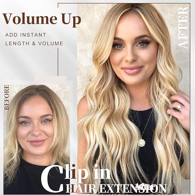 Clip in Hair Extensions for Women - 20 Inch Long Wavy Brown Extensions, 6PCS Chocolate Brown & Ash Blonde Hairpieces that Blend Naturally with Your Real Hair (20 Inch, Chocolate Brown & Ash Blonde)