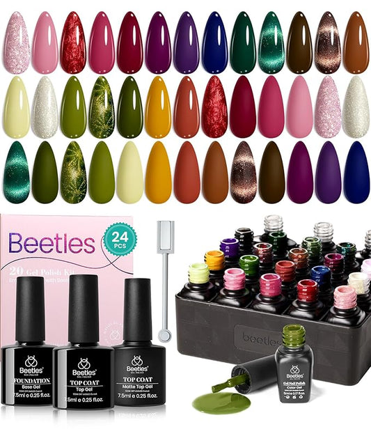 Beetles Cat Eye Gel Nail Polish Set, 20 Colors Gel Polish Nail Set Burgundy Brown Green Nail Polish Glitter Pearl Nail Manicure with Base Coat Matte&No Wipe Top Coat Soak off UV Gel