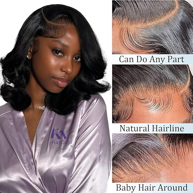 13x4 Bob Lace Front Wigs Human Hair Pre Plucked 200% Density Short Body Wave Bob Wig Human Hair 100% Brazilian Virgin Human Hair Bob Wigs for Black Women Natural Black 10 Inch