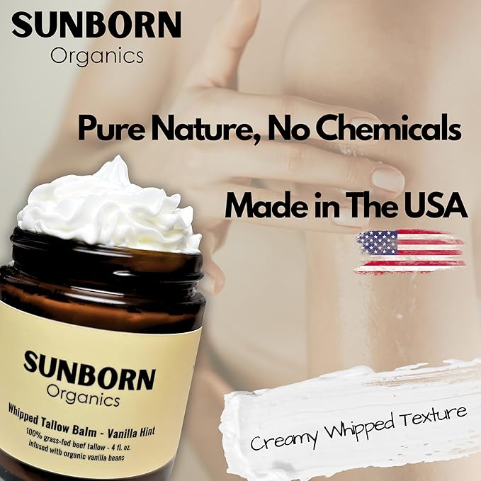 Pure Whipped Tallow Balm | 100% Organic Grass-Fed Beef Tallow Face Moisturizer & Lip Balm (4oz, Vanilla Hint)