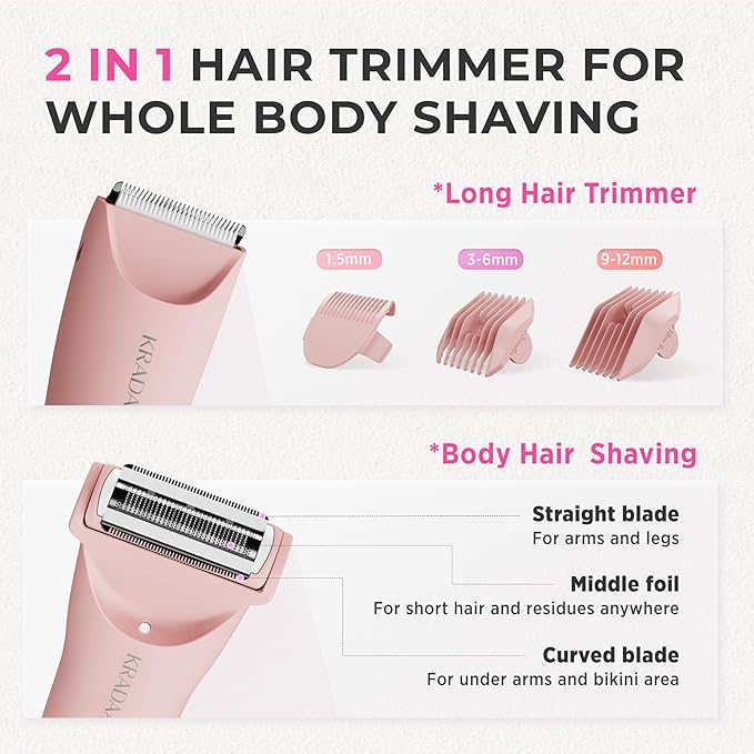 Bikini Trimmer for Women Pubic Hair: Painless Eletctric Razors for Women - Rechargeable Eletctric Shaver Waterproof IPX7 for Body Hair (Pink)