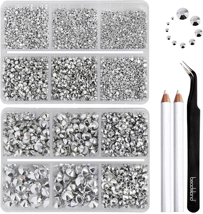 Beadsland 8300PCS Flatback Rhinestones, Silver Rhinestone Nail Gems Round Crystal Rhinestones for Crafts, Mixed 10 Sizes with Wax Pencil and Tweezer Kit, SS3-SS30, Silver Hematite