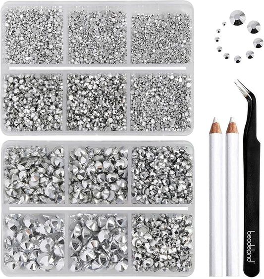 Beadsland 8300PCS Flatback Rhinestones, Silver Rhinestone Nail Gems Round Crystal Rhinestones for Crafts, Mixed 10 Sizes with Wax Pencil and Tweezer Kit, SS3-SS30, Silver Hematite