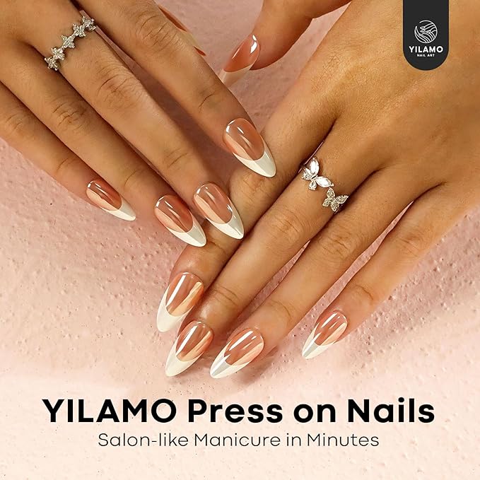 Almond Press On Nails - Medium, Mirror White Sheen French Tip, 300 PCS in 15 Sizes, 2 Colors, Chrome Glazed Glue On Nails for Daily Use and Gifts