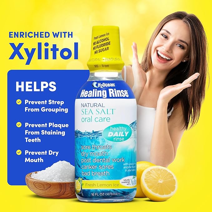 2 Pack H2Ocean Healing Rinse Mouthwash- Great Tasting Sea Salt & Xylitol Mouth Wash for Fresh Breath & Dry Mouth - Alcohol & Fluoride Free - Lemon Ice 16oz