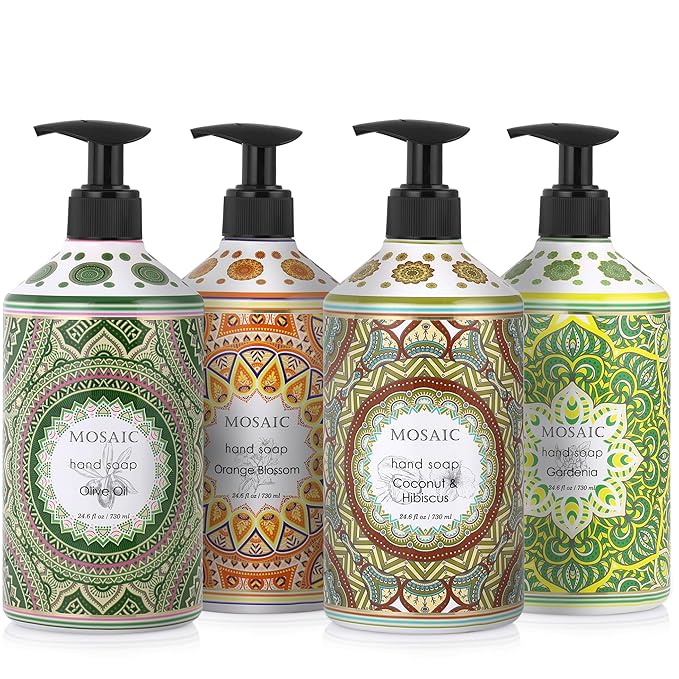 Mosaic Liquid Hand Soap / Wash Gift Set, Ideal Bathroom Kitchen Hand Soap Set , Olive Oil + Coconut & Hibiscus + Gardenia + Orange Blossom, 4 x 24.6 fl oz Each Liquid Soap Bottle