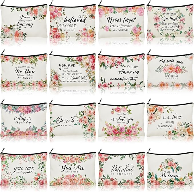 Pinkunn 16 Pcs Canvas Cosmetic Bag Bulk Inspirational Quotes Makeup Bags with Zipper Encouragement Travel Toiletry Pouch Appreciation Gift for Christmas Teacher Birthday Graduation(Flower)