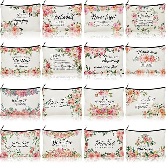 Pinkunn 16 Pcs Canvas Cosmetic Bag Bulk Inspirational Quotes Makeup Bags with Zipper Encouragement Travel Toiletry Pouch Appreciation Gift for Christmas Teacher Birthday Graduation(Flower)