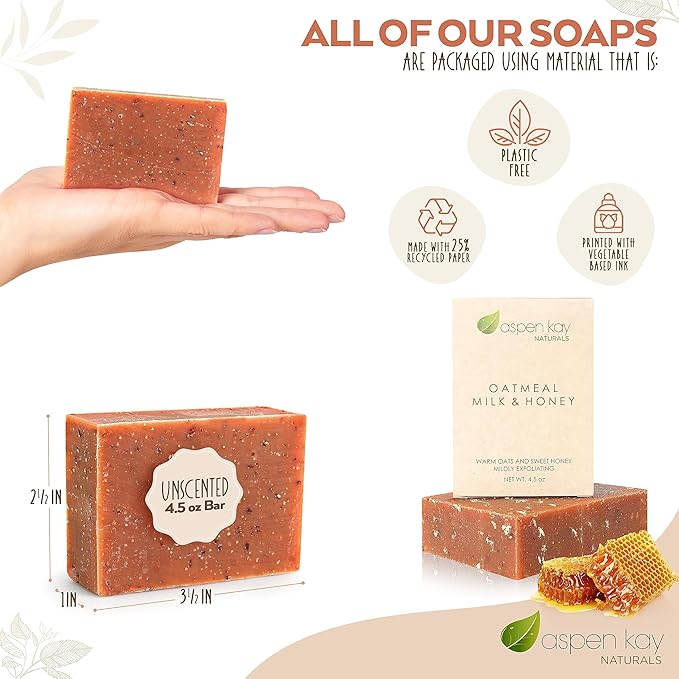 Aspen Kay Naturals Handmade Oatmeal Soap Bar for Face & Body – Made with Organic Raw Honey, Goats Milk, Organic Shea Butter - Exfoliating Soap – For All Skin Types - Made in the USA 4.5 oz