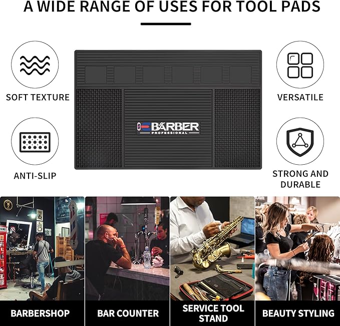 Magnetic Barber Mat for Station Barber Organizer Mat for Clipper Salon Station Tools with 6 Slots for Clippers Salon Barbershop Work Station Pads anti slip 19" X 12.5”-Black