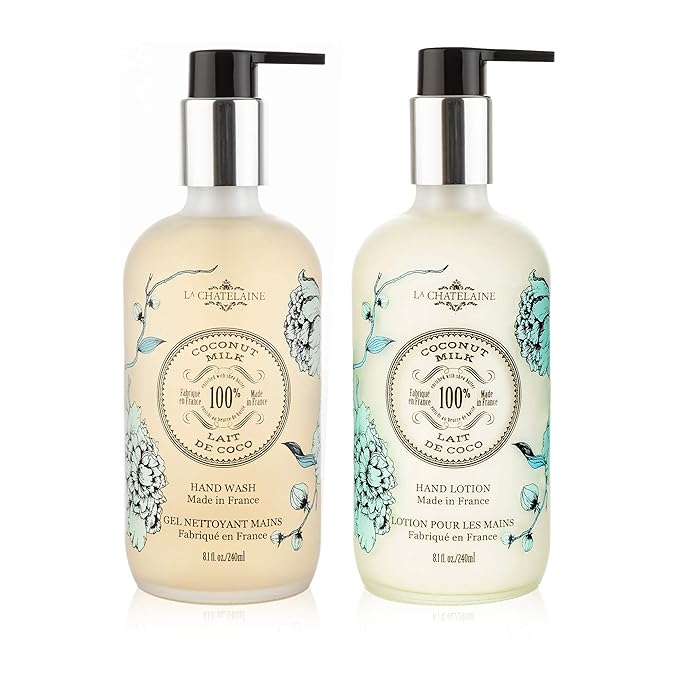 La Chatelaine Hand Wash & Lotion Set | Sulfate Free | Frosted Glass Bottles | Nourishing Shea Butter Formula | Natural and Organic | Made in France | 2 x 8.1 oz. (Coconut Milk)