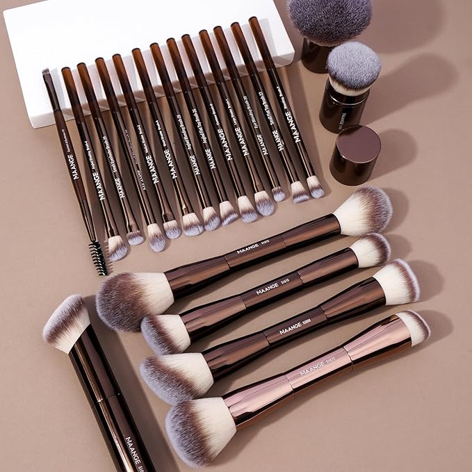 MAANGE 20 PCS Foundation Makeup Brush Set, Double-ended Kabuki Contour Brush for Liquid Powder Concealer Blending Blush Face Makeup Tools (Coffee)