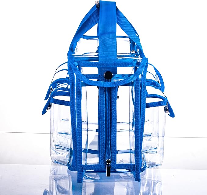 Wide Opening Large Professional Clear PVC Travel Makeup Artist Set Cosmetic Nails Beauty Transparent Vinyl Tool Organizer Work Beach Diaper Bag With 6 External Pockets & Strap (Blue)