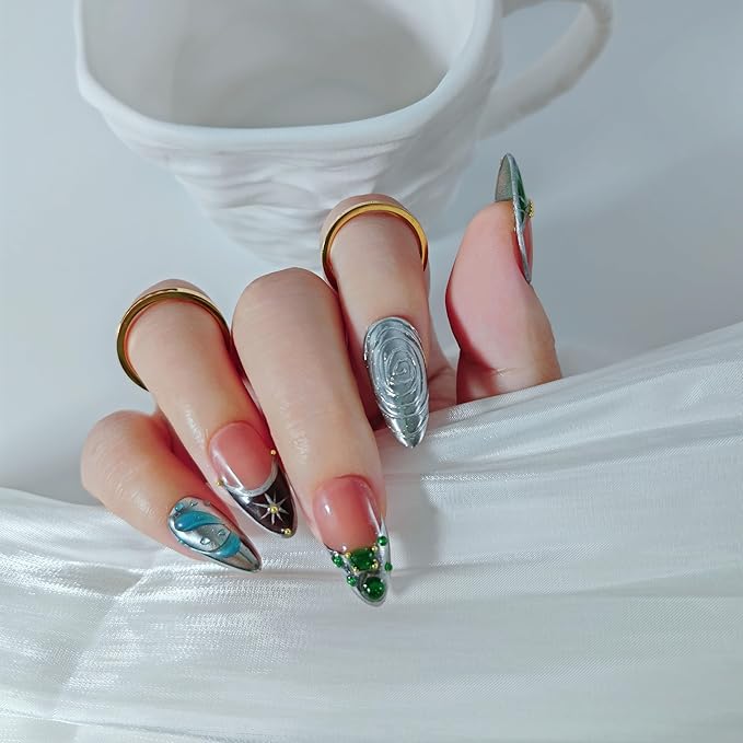 Almond Press on Nails Handmade Medium Long/Stiletto 3D Flower Fake Nail with Designs, Women Reusable False Nails (French Tip Silver, S)