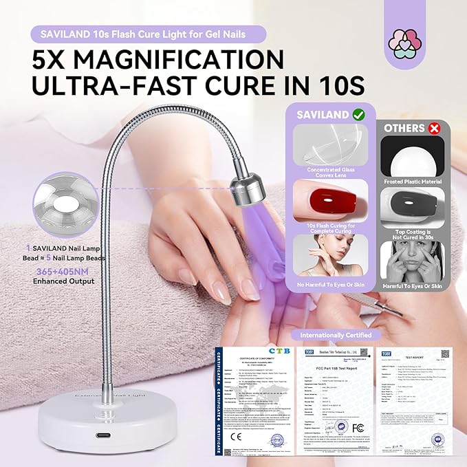 SAVILAND Gooseneck U V Lamp for Gel Nails:Touch Switch 12W U V Nail Lamp 5S Quick Drying LED Fast Curing Lamp Rechargeable Gel Lamp 3Timers Setting 360° Adjustable Home Salon Manicure Nail Dryer