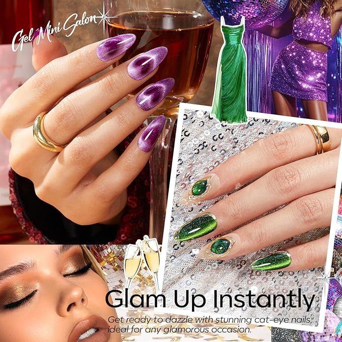 Modelones Cat Eye Gel Nail Polish Kit with U V Light, Gold Green Red Purple Magnetic Manicure Set with Base Top Coat Magnet 4 Colors Gel Mini Salon DIY Nail Art Starter Holiday Gift for Women Girls