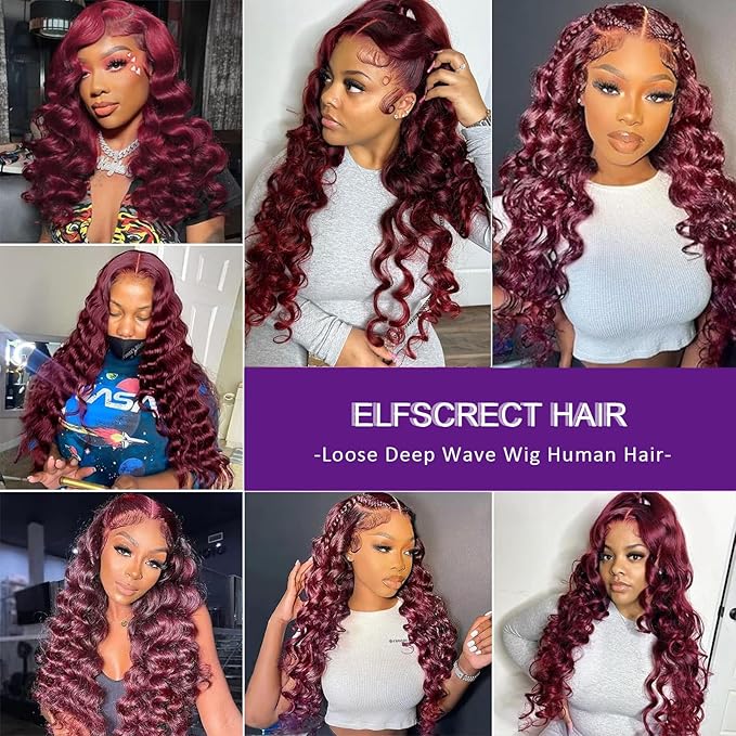 30 Inch Burgundy Loose Wave Lace Front Wig Human Hair Pre Plucked 180% Density 99j Burgundy Loose Deep Wave Wig 13x4 Hd Full Lace Frontal Wigs 99j Glueless Human Hair Wigs For Women