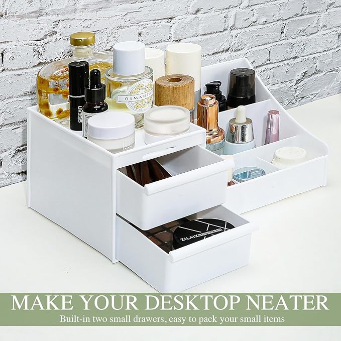 skin care organizer,Makeup Desk Organizer With Drawers,Countertop Organizer for Cosmetics,Vanity brush with Holder for Lipstick, Brushes, Eyeshadow, and Desktop (Large-White)